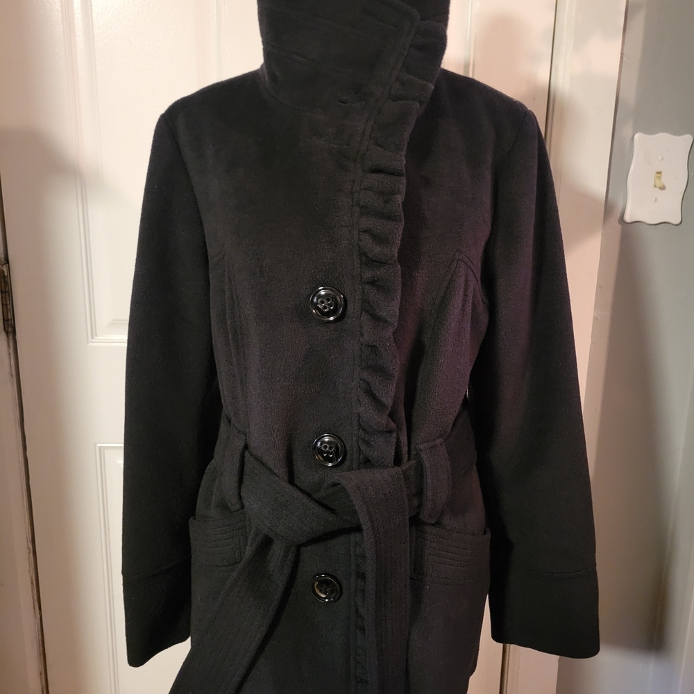 Steve Madden Black Trench Coat with Ruffle Accents